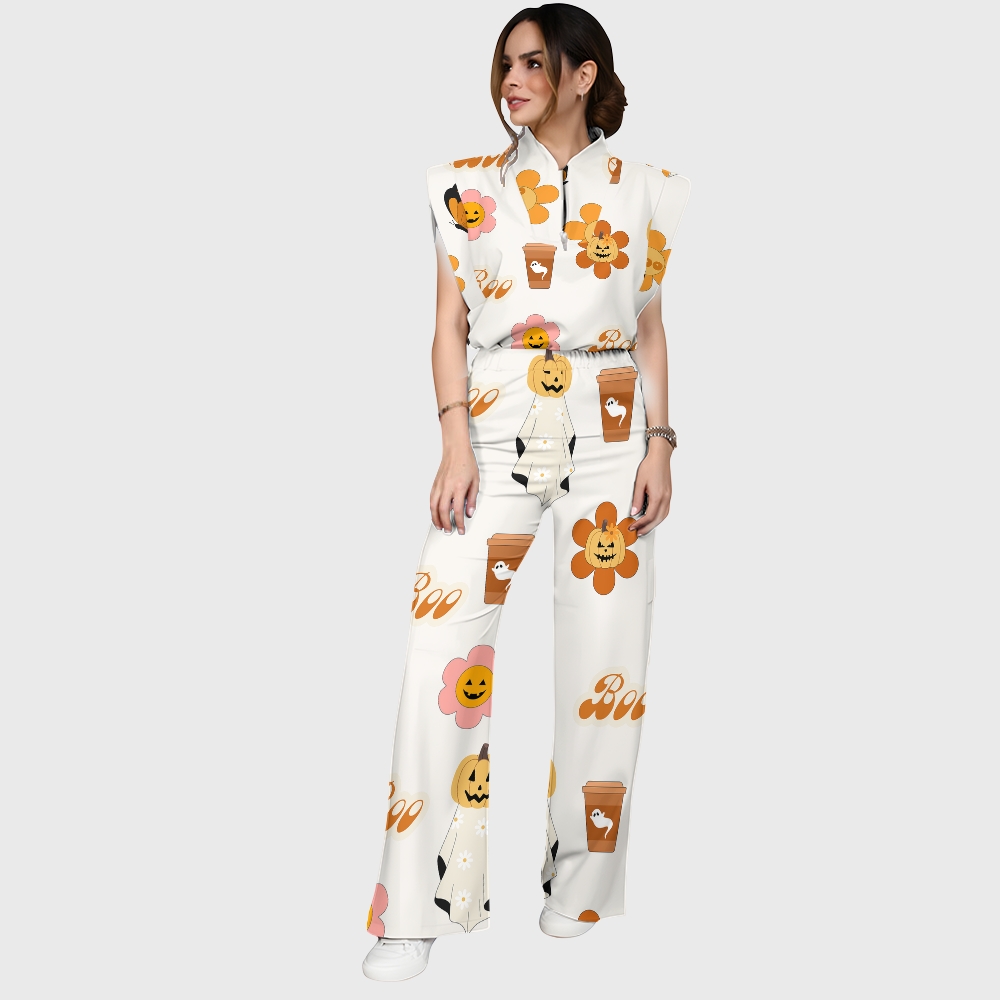 Women's Stand-Up Tie Zipper Halloween Printed Scrub Set SJ91733