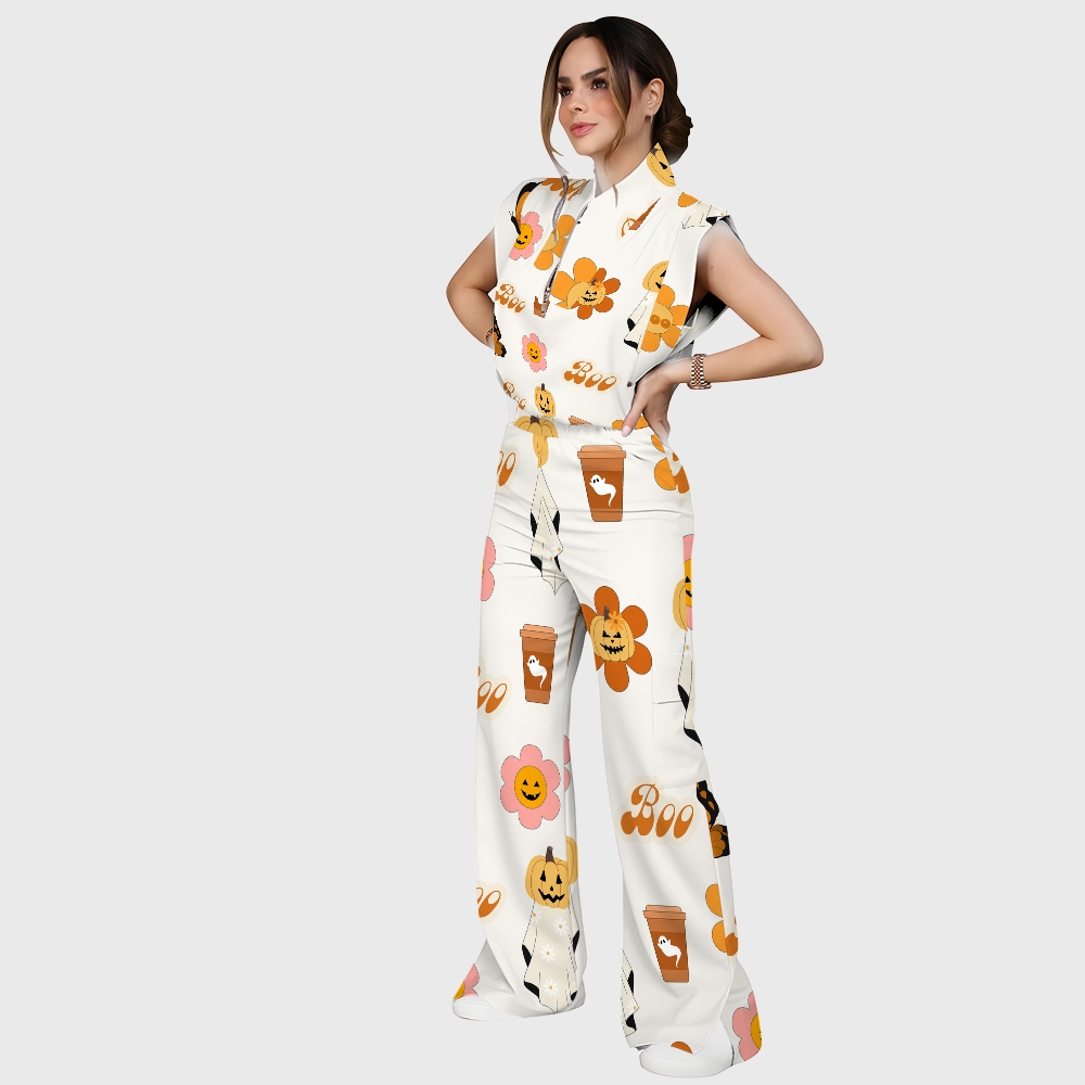Women's Stand-Up Tie Zipper Halloween Printed Scrub Set SJ91733