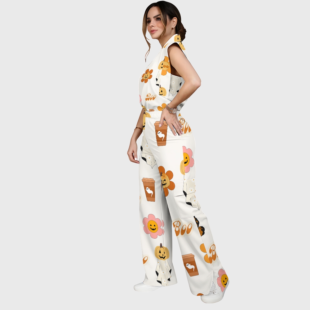 Women's Stand-Up Tie Zipper Halloween Printed Scrub Set SJ91733