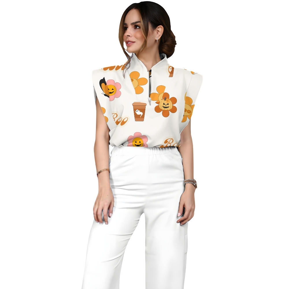 Women's Stand-Up Tie Zipper Halloween Printed Scrub Set SJ91733