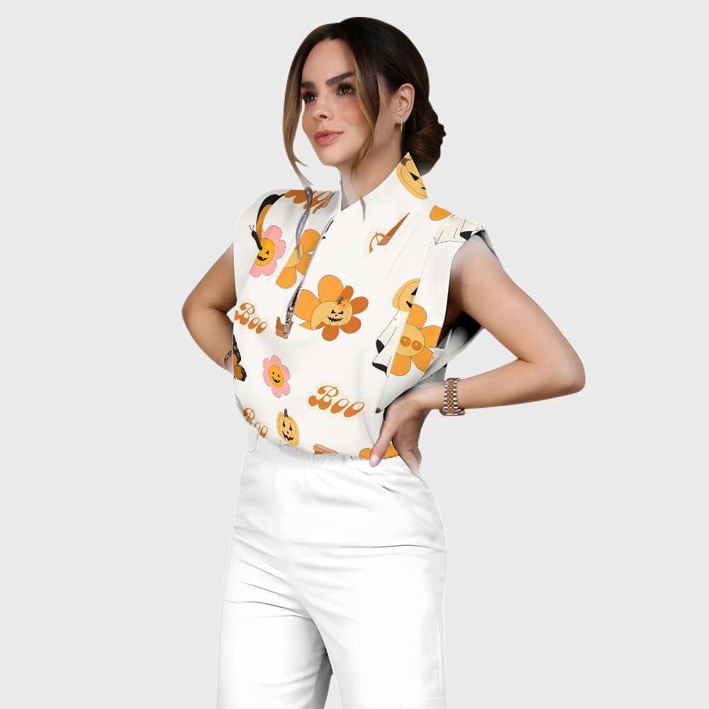 Women's Stand-Up Tie Zipper Halloween Printed Scrub Set SJ91733