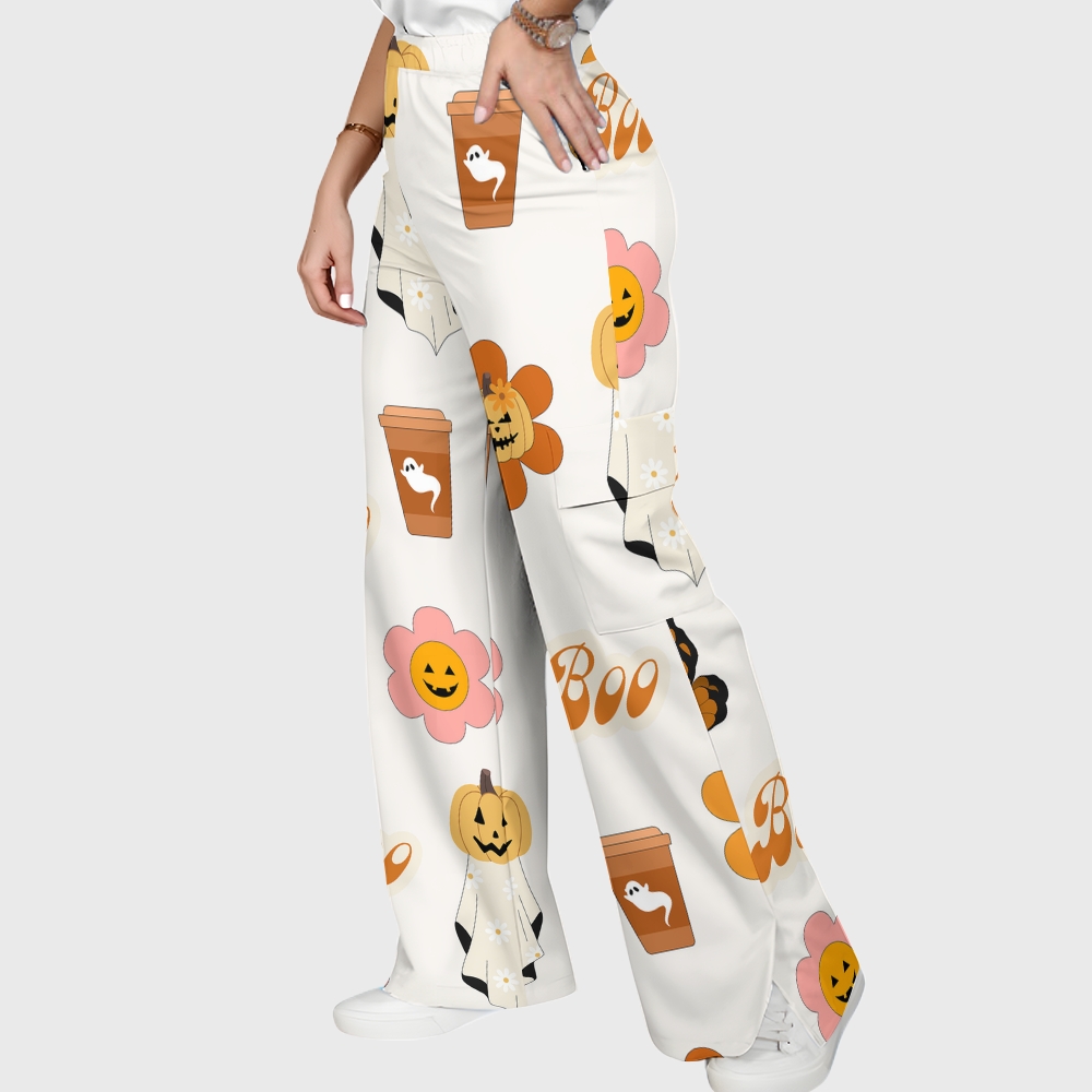 Women's Stand-Up Tie Zipper Halloween Printed Scrub Set SJ91733