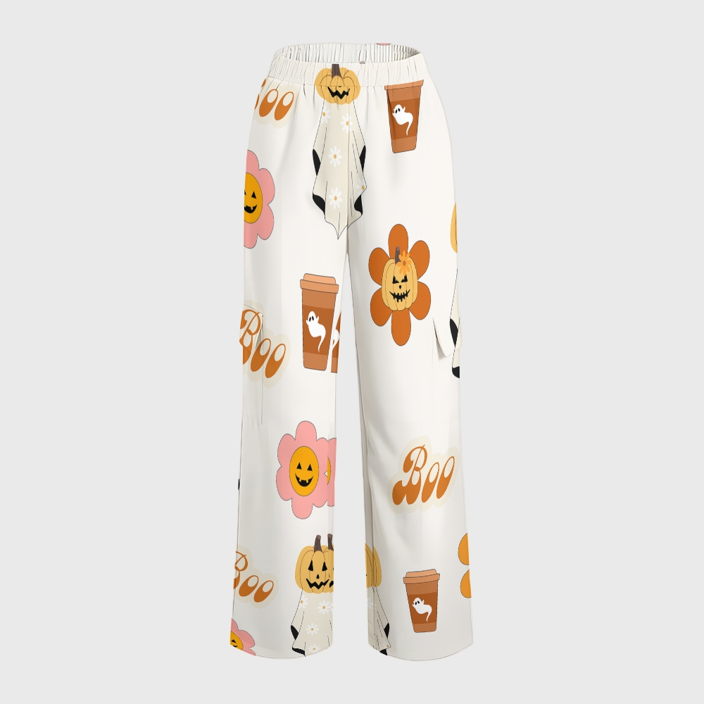 Women's Stand-Up Tie Zipper Halloween Printed Scrub Set SJ91733