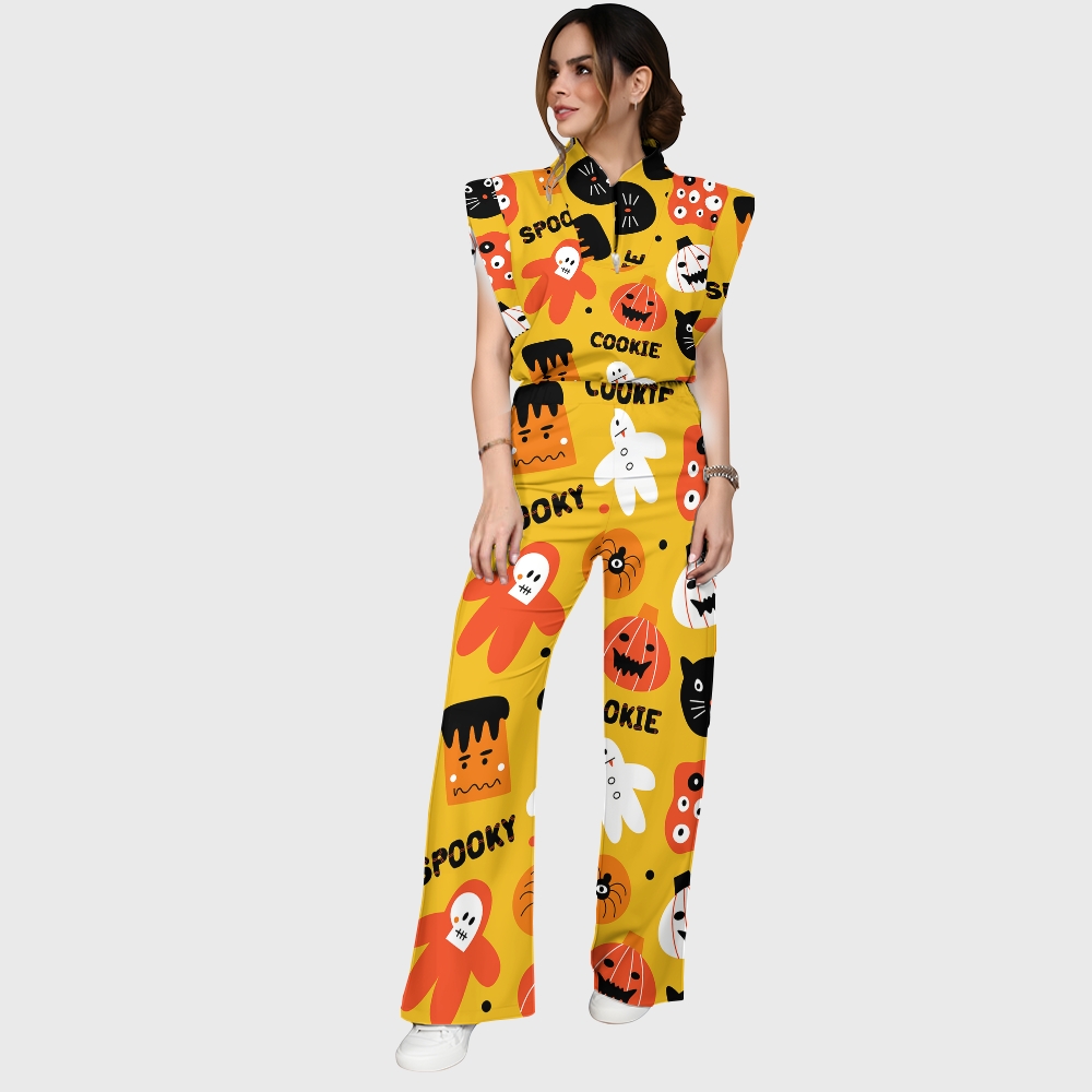 Women's Stand-Up Tie Zipper Halloween Printed Scrub Set SJ91734