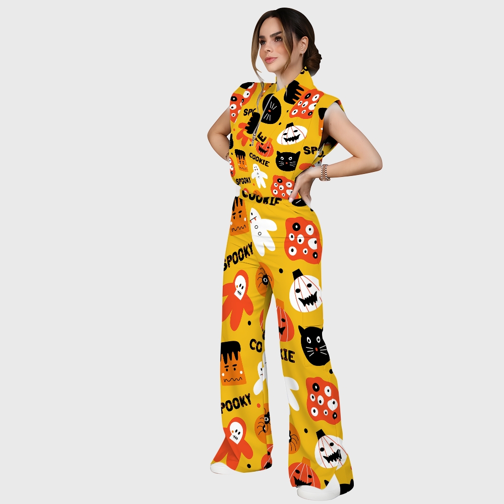 Women's Stand-Up Tie Zipper Halloween Printed Scrub Set SJ91734