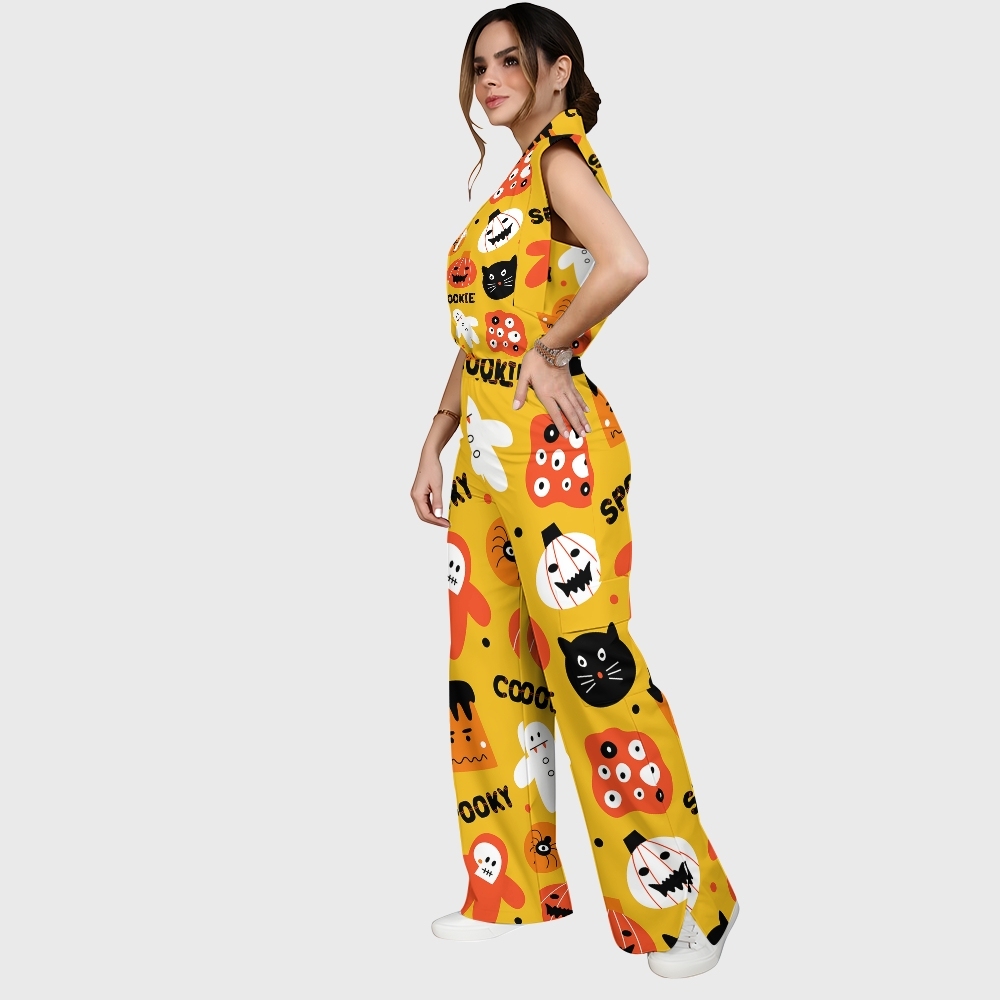 Women's Stand-Up Tie Zipper Halloween Printed Scrub Set SJ91734