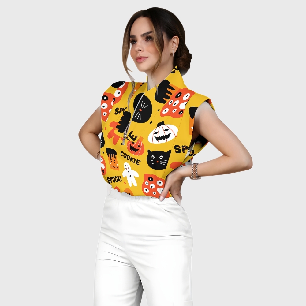 Women's Stand-Up Tie Zipper Halloween Printed Scrub Set SJ91734