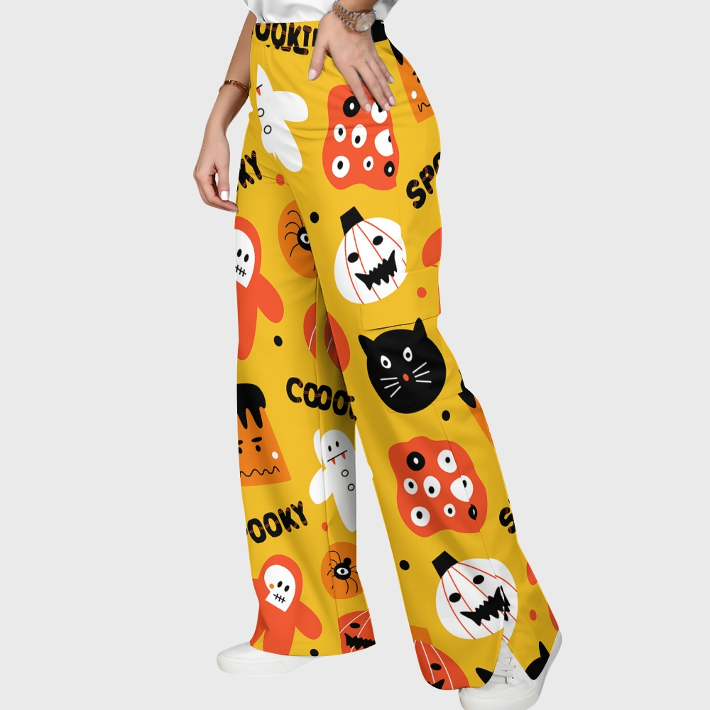 Women's Stand-Up Tie Zipper Halloween Printed Scrub Set SJ91734