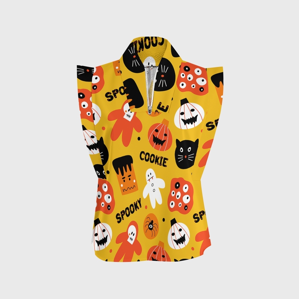 Women's Stand-Up Tie Zipper Halloween Printed Scrub Set SJ91734