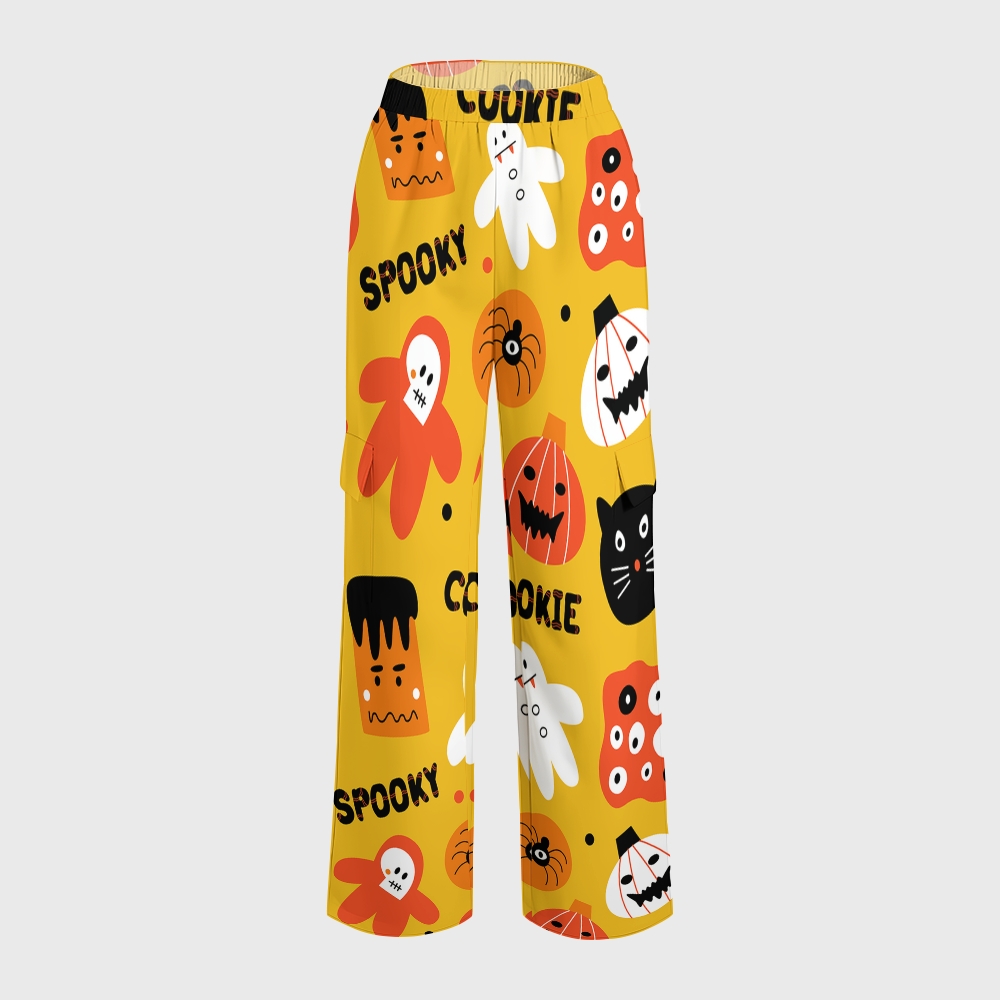Women's Stand-Up Tie Zipper Halloween Printed Scrub Set SJ91734