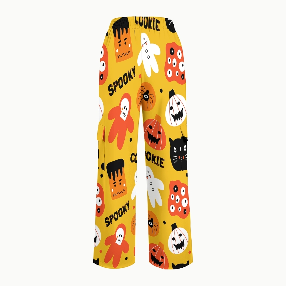 Women's Stand-Up Tie Zipper Halloween Printed Scrub Set SJ91734