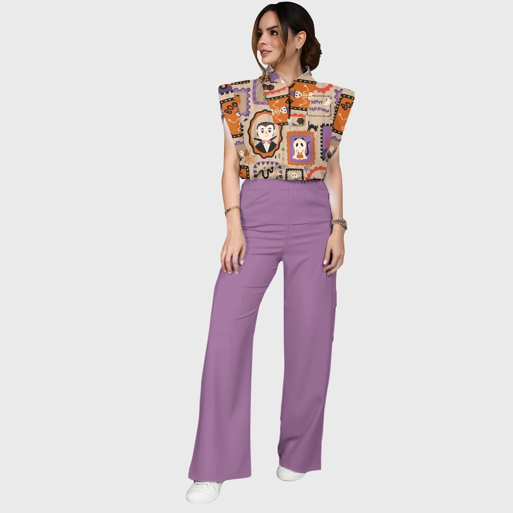 Women's Stand-Up Tie Zipper Halloween Printed Scrub Set SJ91735