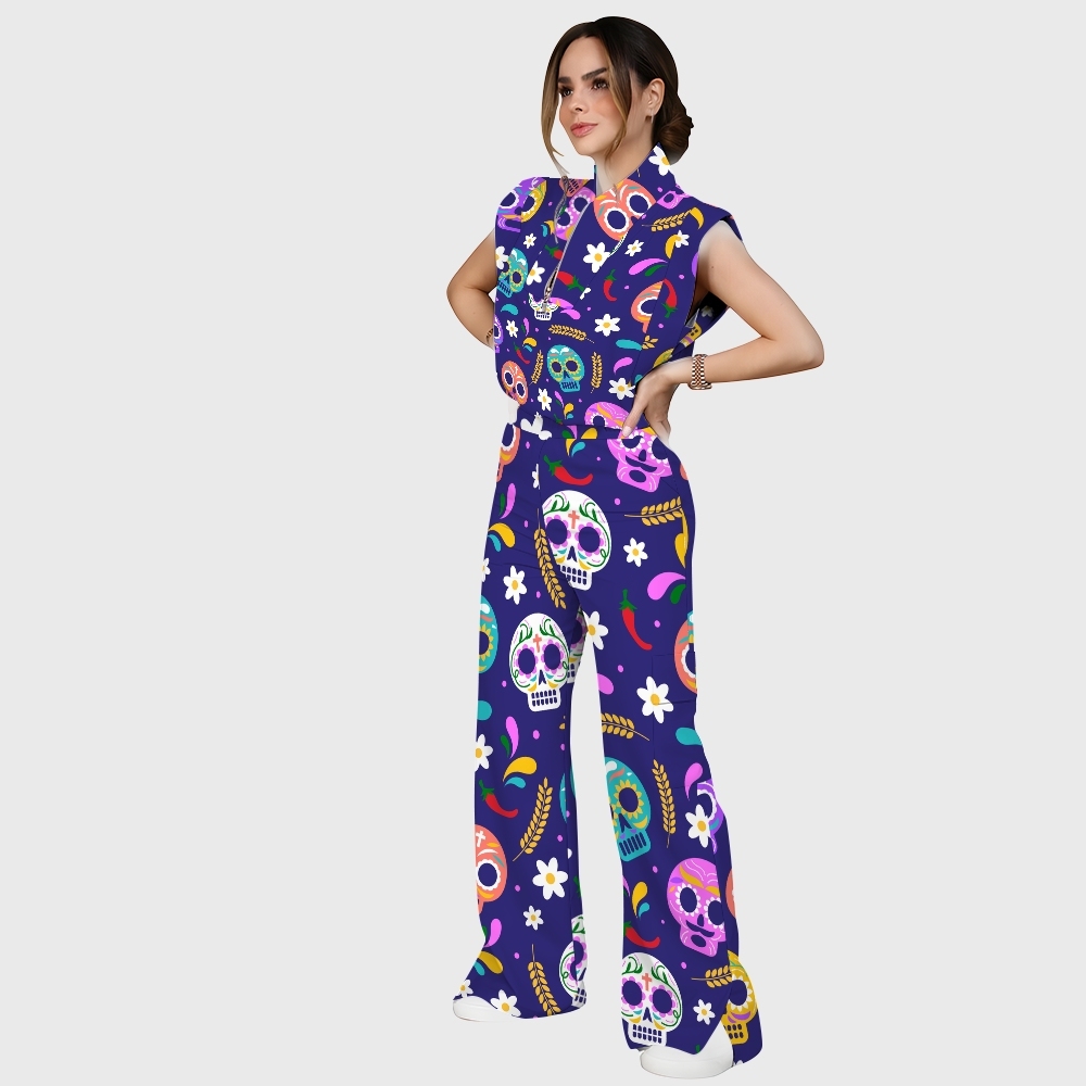 Women's Stand-Up Tie Zipper Halloween Printed Scrub Set SJ91736