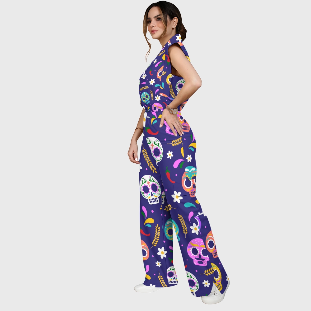 Women's Stand-Up Tie Zipper Halloween Printed Scrub Set SJ91736