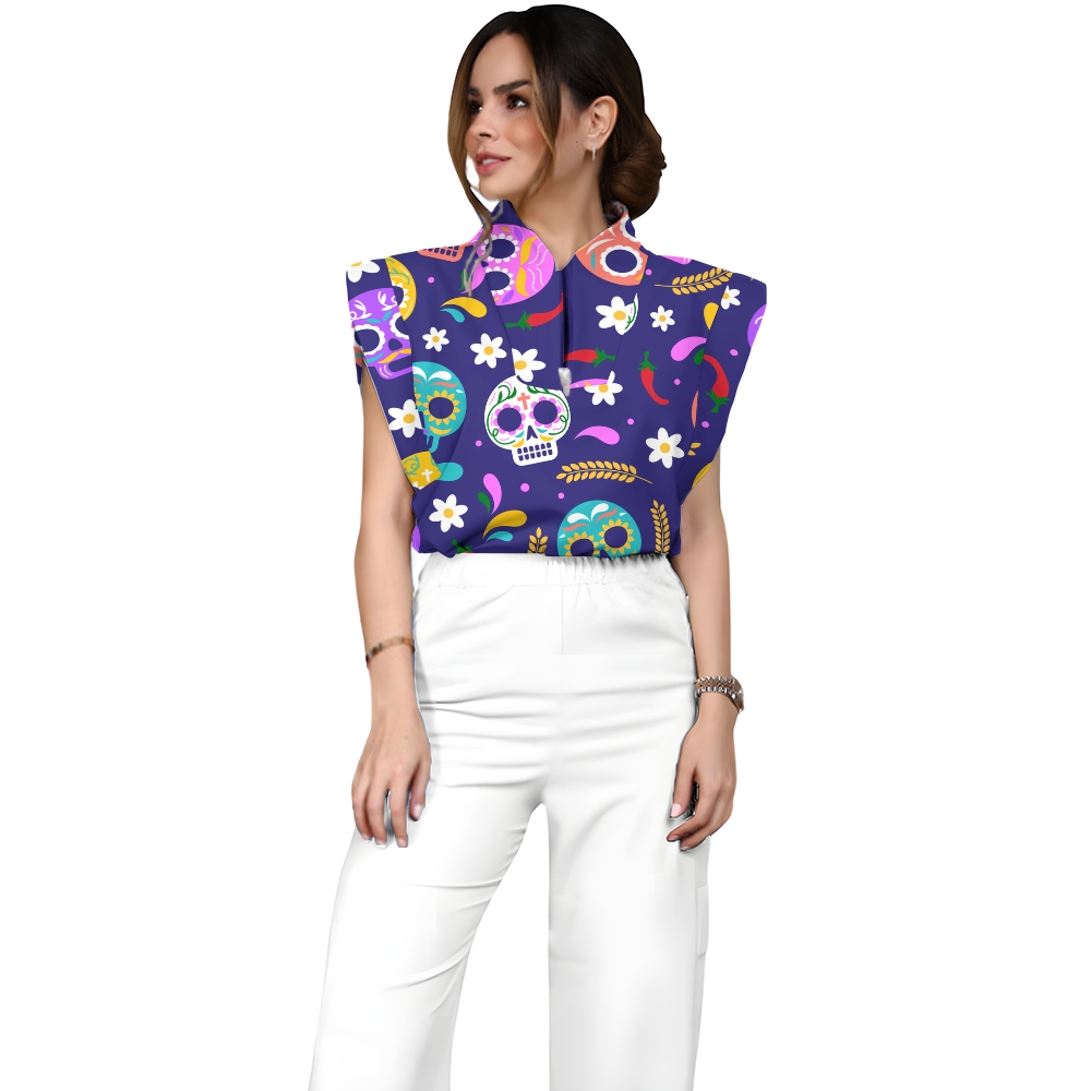 Women's Stand-Up Tie Zipper Halloween Printed Scrub Set SJ91736