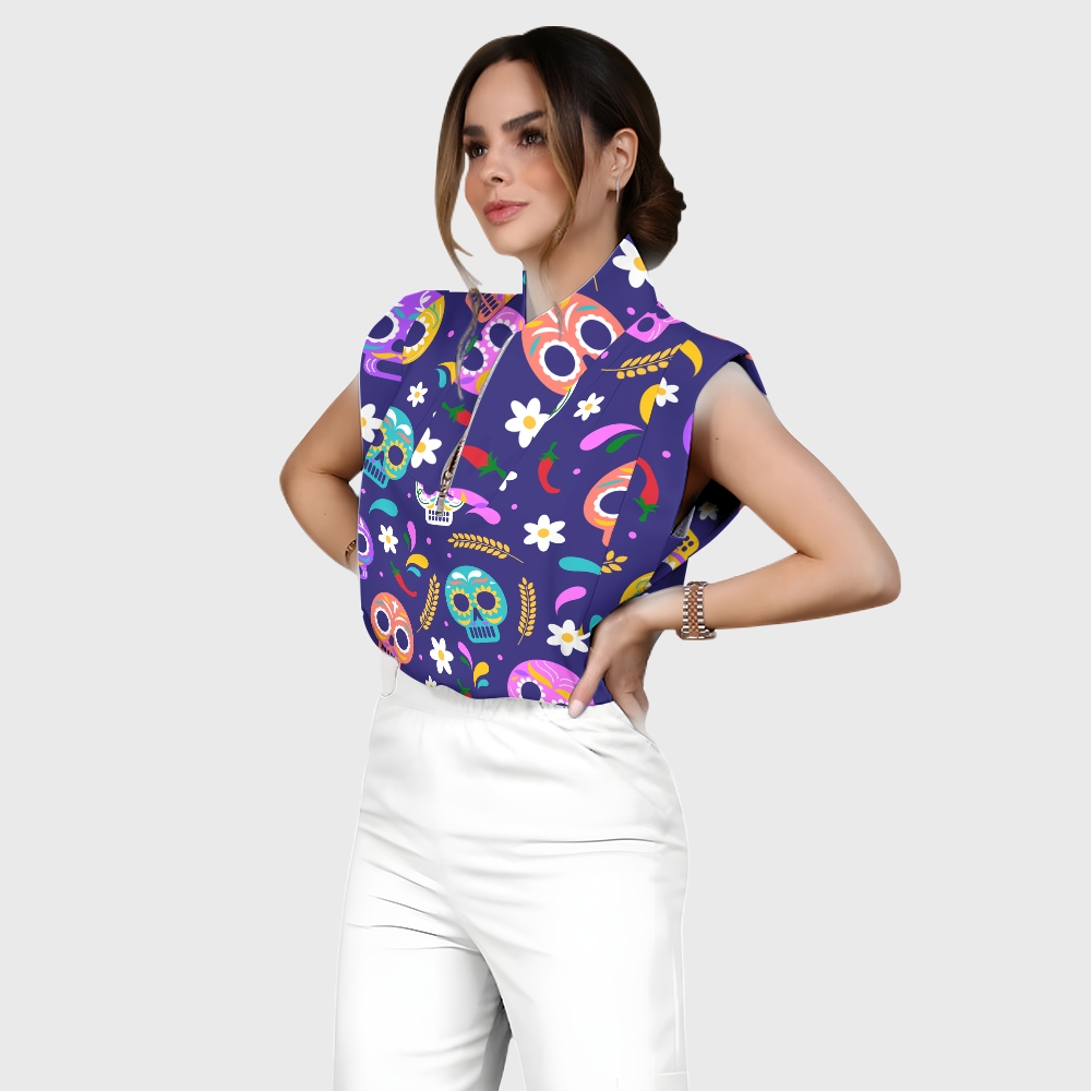 Women's Stand-Up Tie Zipper Halloween Printed Scrub Set SJ91736