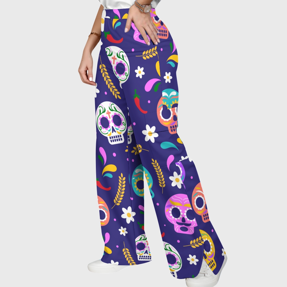 Women's Stand-Up Tie Zipper Halloween Printed Scrub Set SJ91736