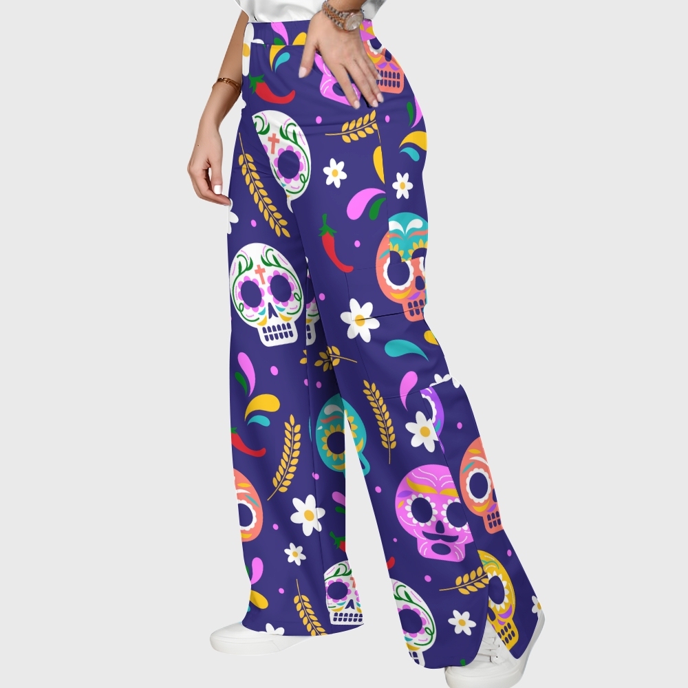 Women's Stand-Up Tie Zipper Halloween Printed Scrub Set SJ91736