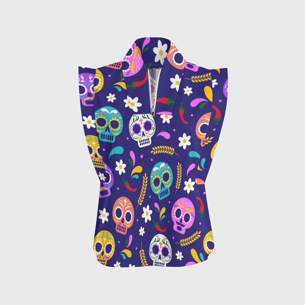 Women's Stand-Up Tie Zipper Halloween Printed Scrub Set SJ91736