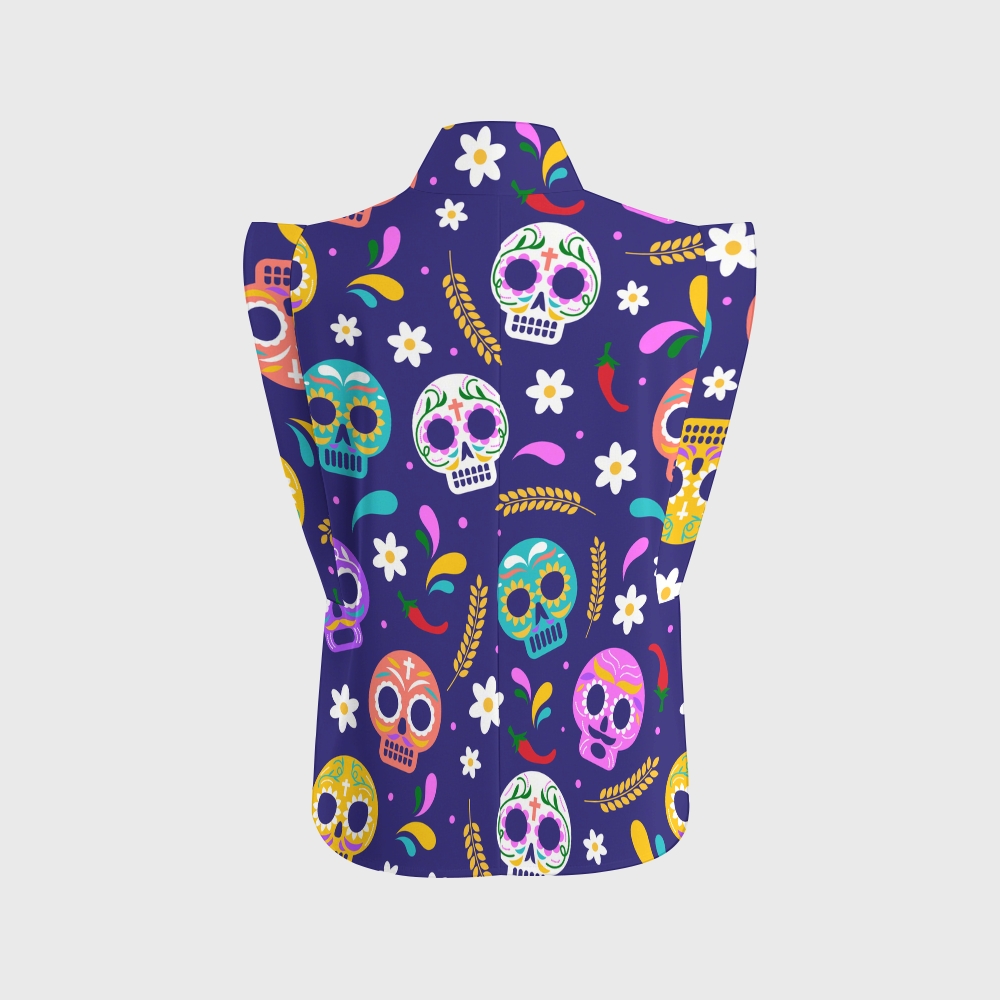 Women's Stand-Up Tie Zipper Halloween Printed Scrub Set SJ91736