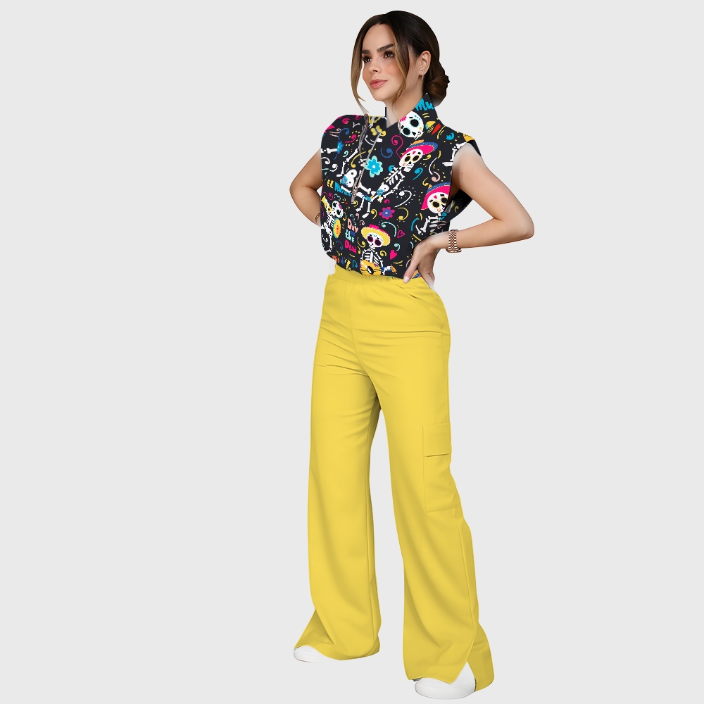 Women's Stand-Up Tie Zipper Halloween Printed Scrub Set SJ91737