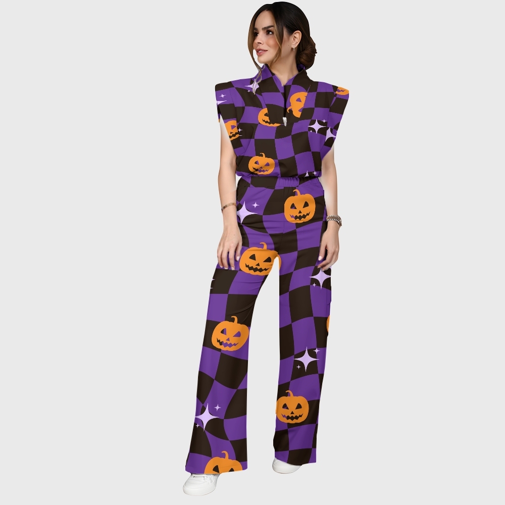 Women's Stand-Up Tie Zipper Halloween Printed Scrub Set SJ91738
