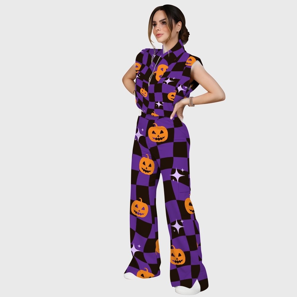 Women's Stand-Up Tie Zipper Halloween Printed Scrub Set SJ91738