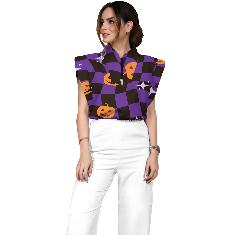 Women's Stand-Up Tie Zipper Halloween Printed Scrub Set SJ91738