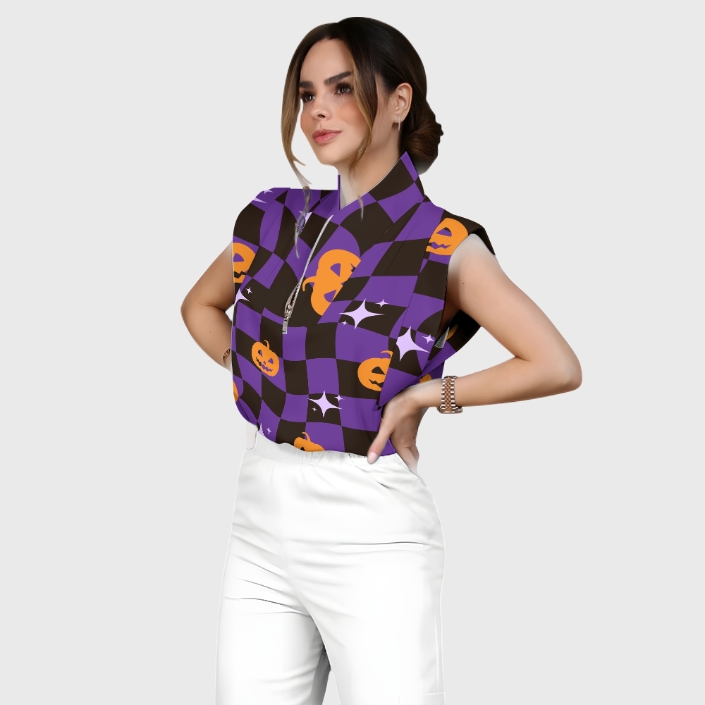 Women's Stand-Up Tie Zipper Halloween Printed Scrub Set SJ91738