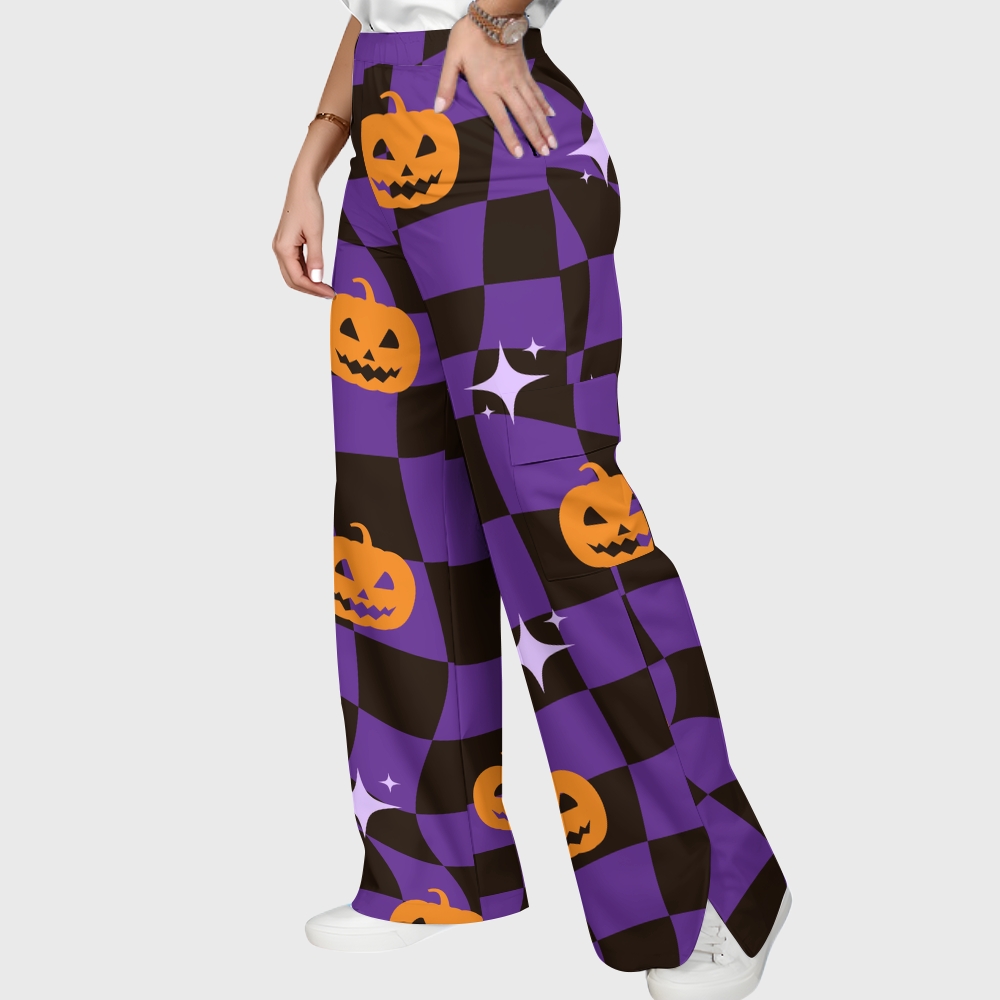 Women's Stand-Up Tie Zipper Halloween Printed Scrub Set SJ91738