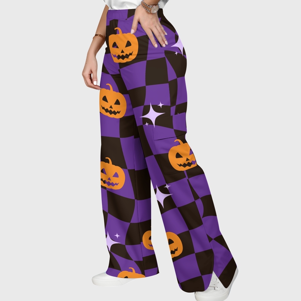 Women's Stand-Up Tie Zipper Halloween Printed Scrub Set SJ91738