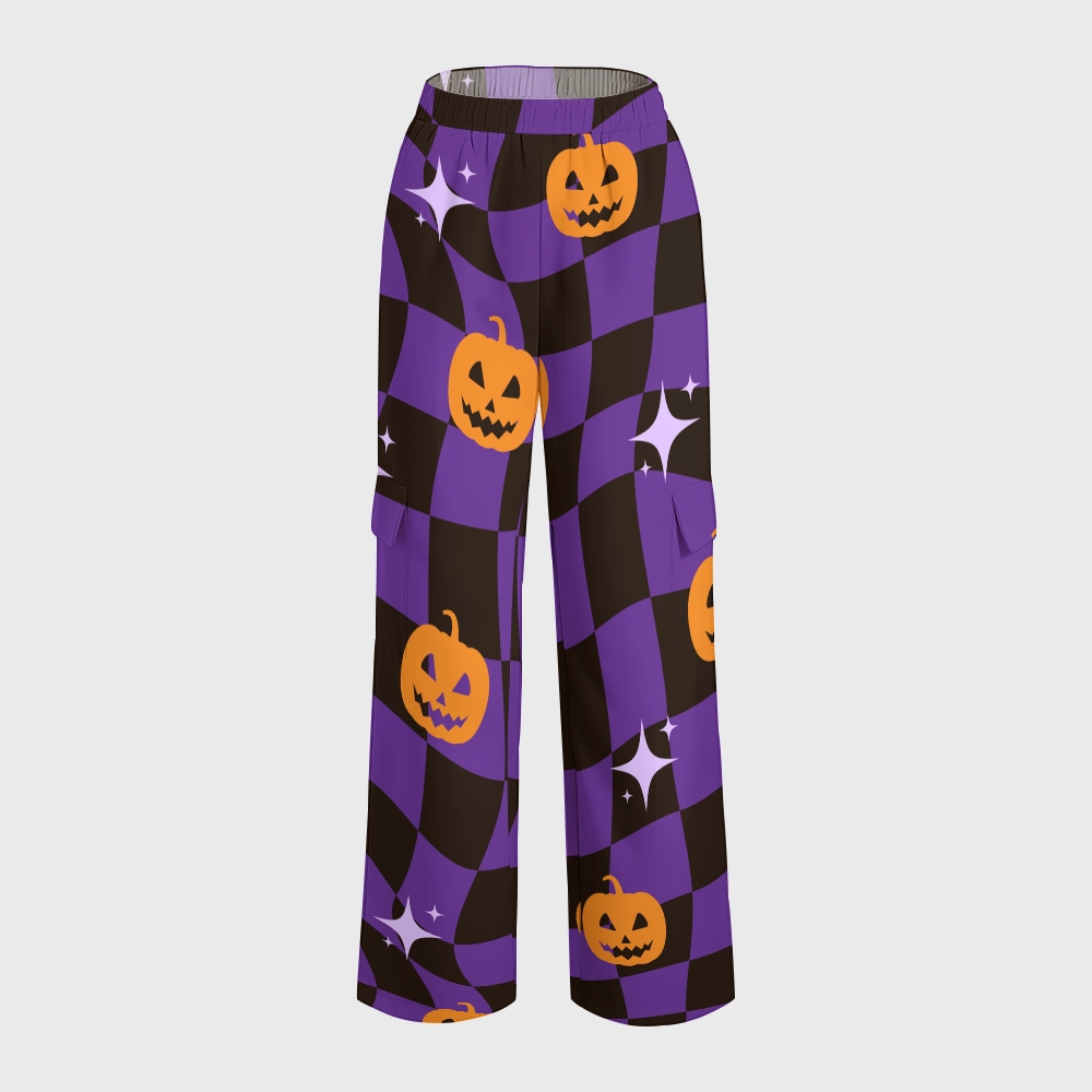 Women's Stand-Up Tie Zipper Halloween Printed Scrub Set SJ91738