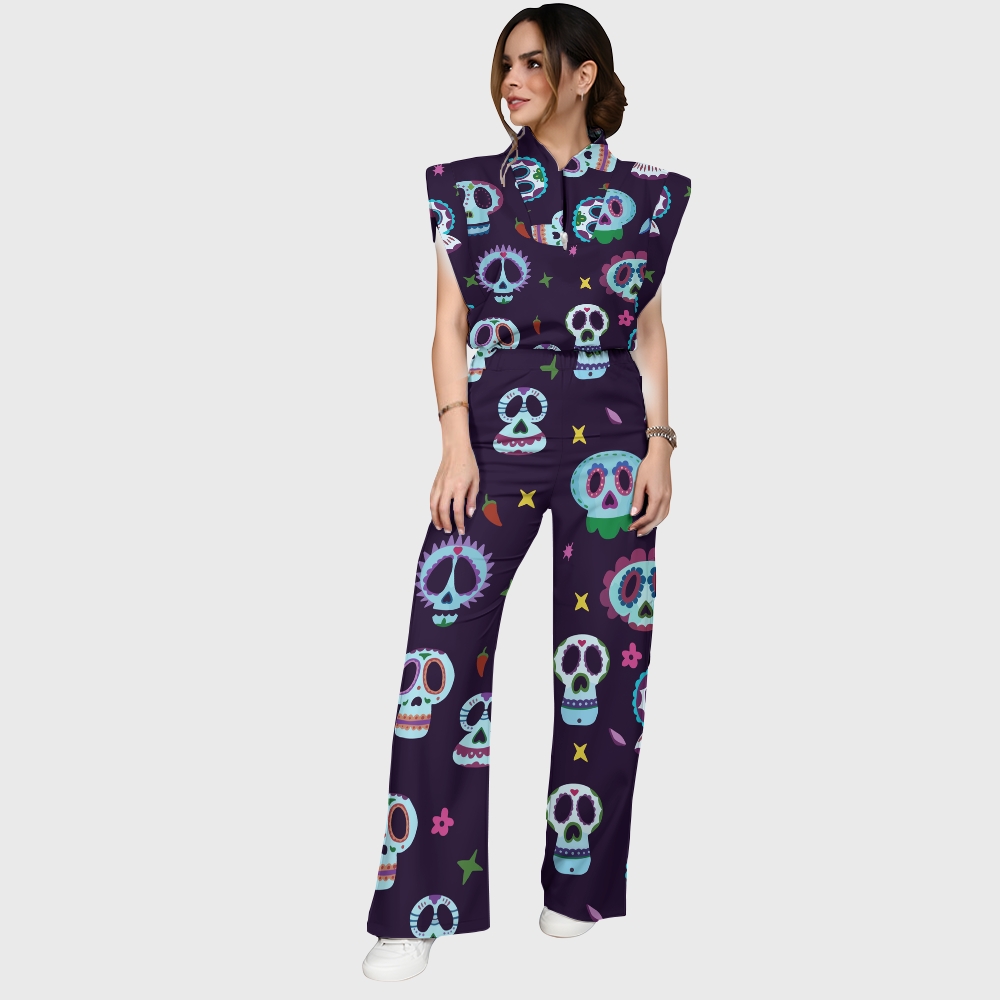Women's Stand-Up Tie Zipper Halloween Printed Scrub Set SJ91745