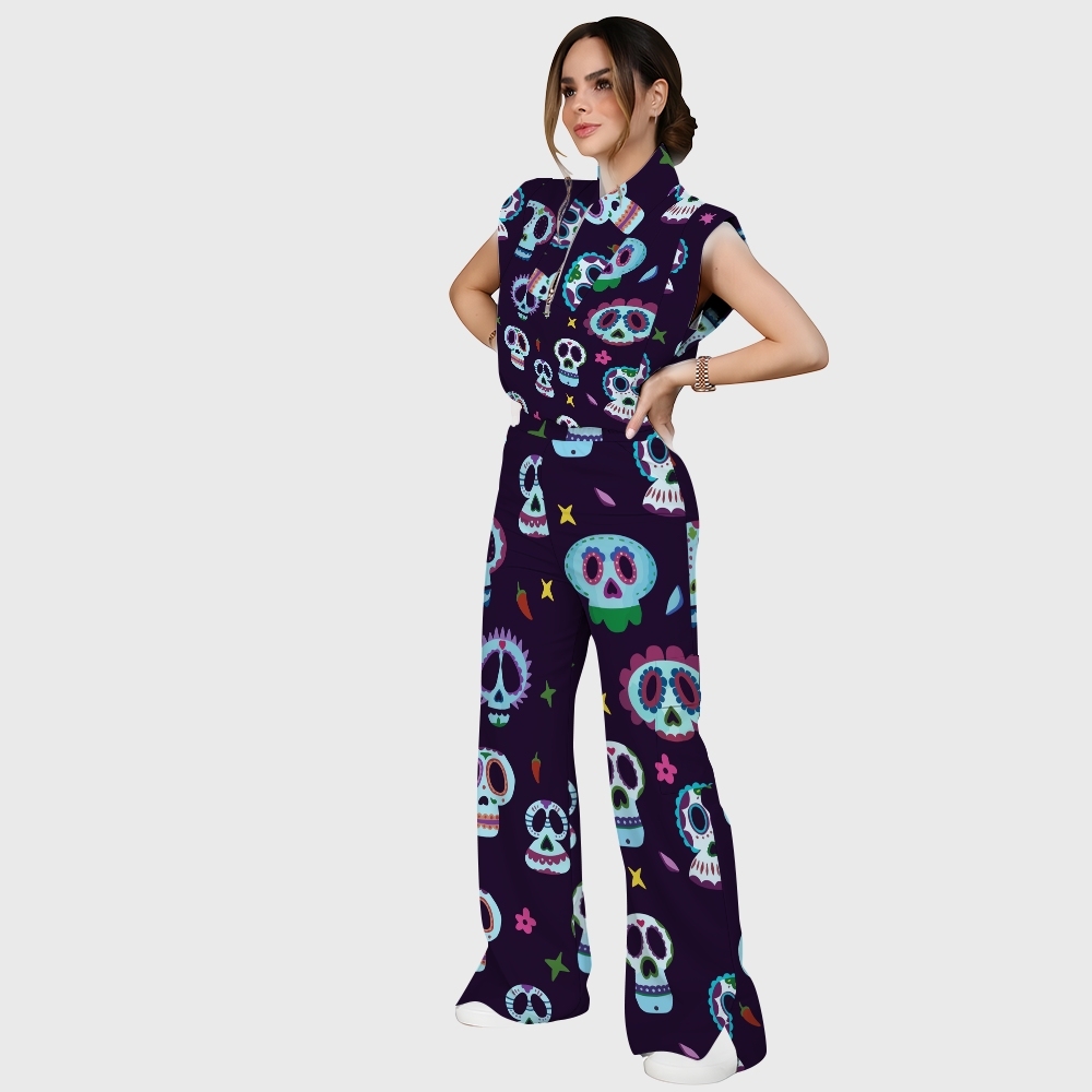 Women's Stand-Up Tie Zipper Halloween Printed Scrub Set SJ91745