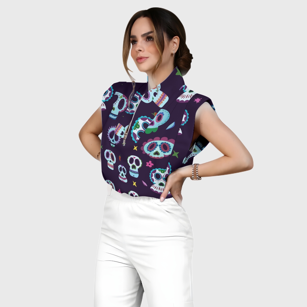 Women's Stand-Up Tie Zipper Halloween Printed Scrub Set SJ91745