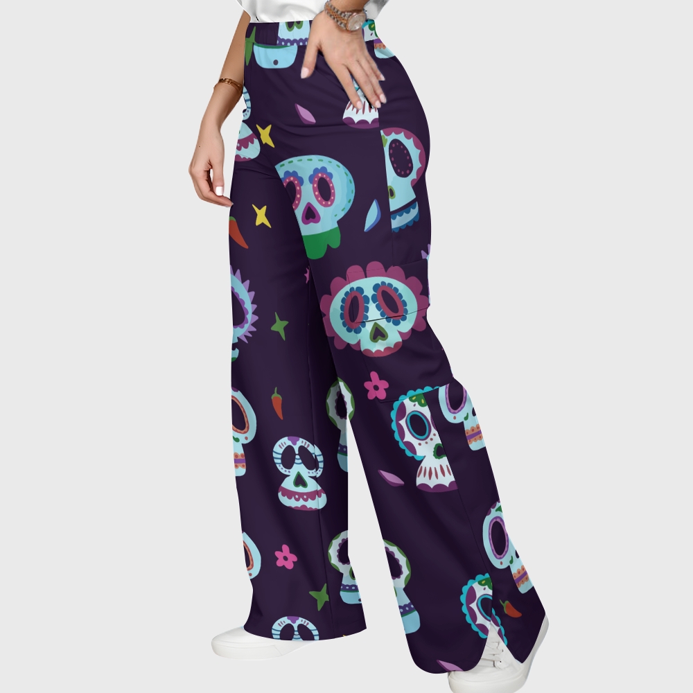 Women's Stand-Up Tie Zipper Halloween Printed Scrub Set SJ91745