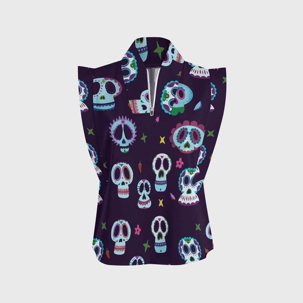 Women's Stand-Up Tie Zipper Halloween Printed Scrub Set SJ91745