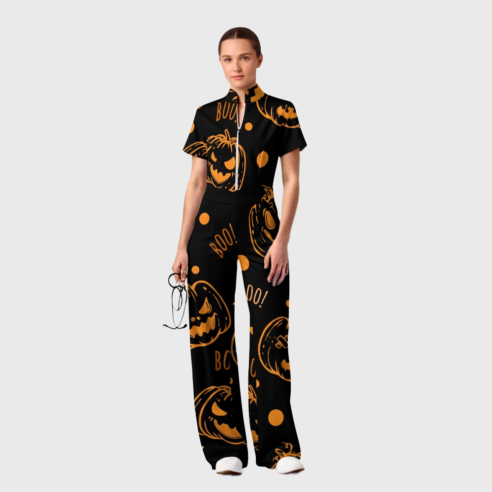 Women's Slim Fit Wide Leg Zip Neck Halloween Printed Scrub Jumpsuit SJ9251