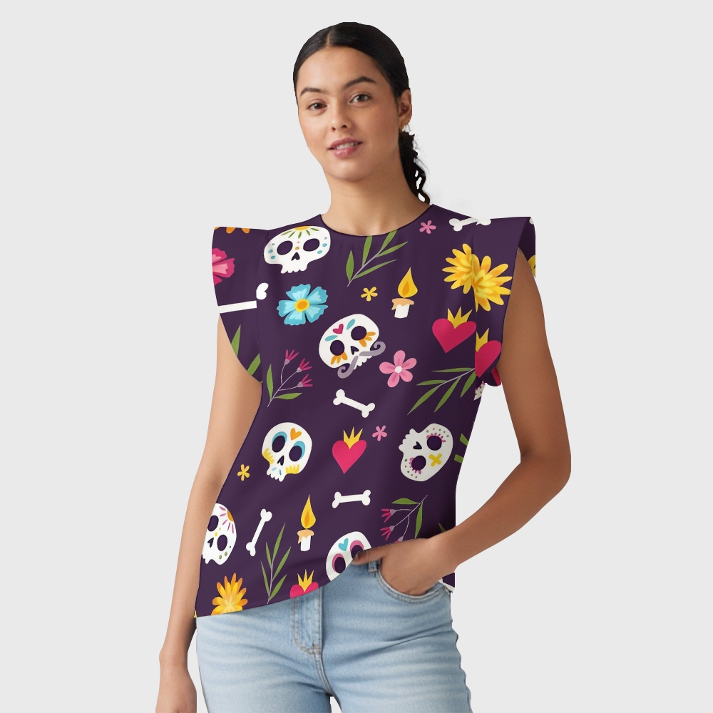 Women's Halloween Flying Sleeve Printed Scrub Top ST9194