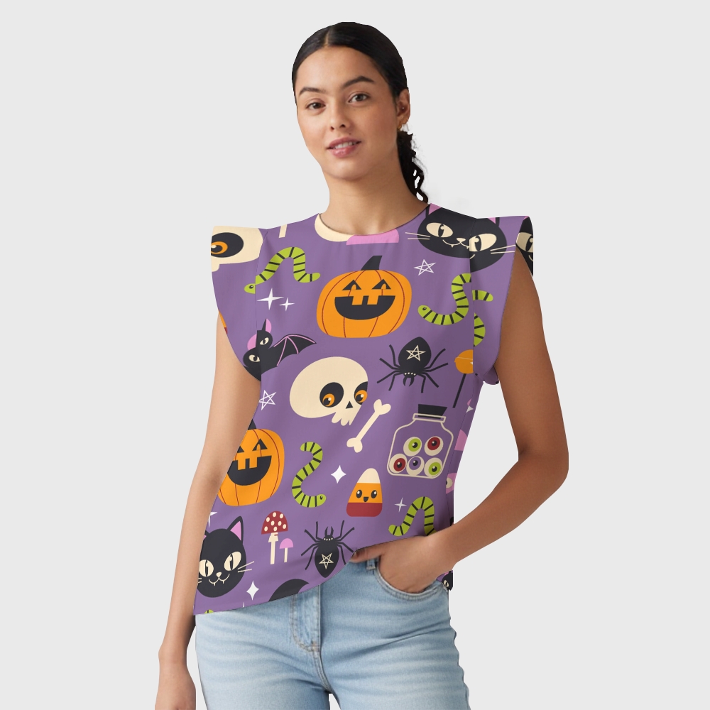 Women's Halloween Flying Sleeve Printed Scrub Top ST91916
