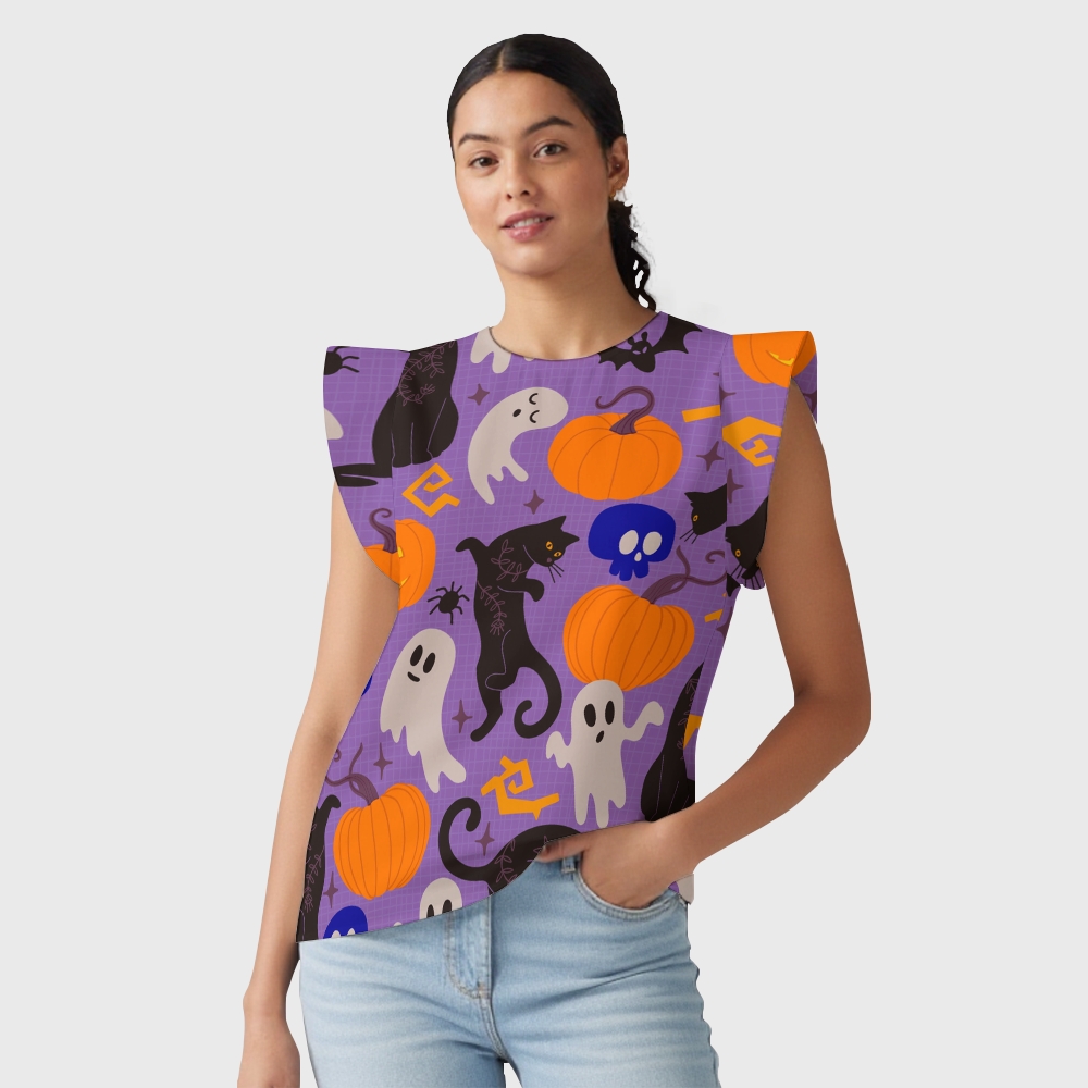 Women's Halloween Flying Sleeve Printed Scrub Top ST91919