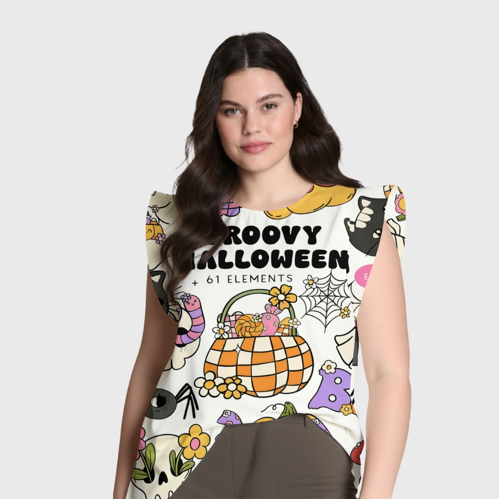 Women's Halloween Flying Sleeve Printed Scrub Top ST91922