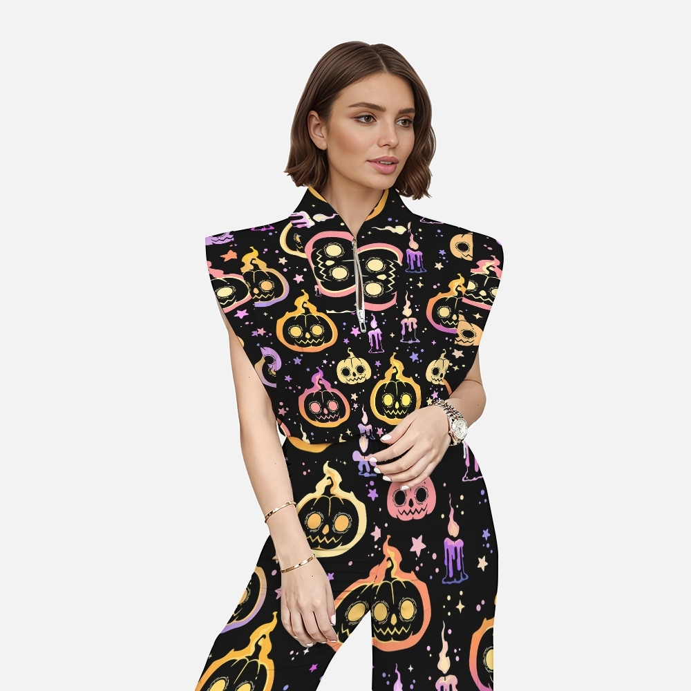 Women's Stand-Up Tie Zipper Halloween Printed Scrub Set SJ9191