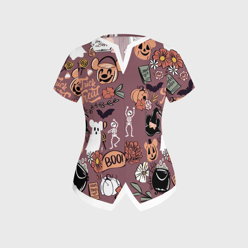 Women's Irregular Neckline Halloween Printed Scrub Top SW92511