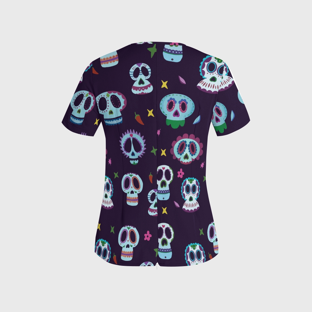 Women's Irregular Neckline Halloween Printed Scrub Top SW92515