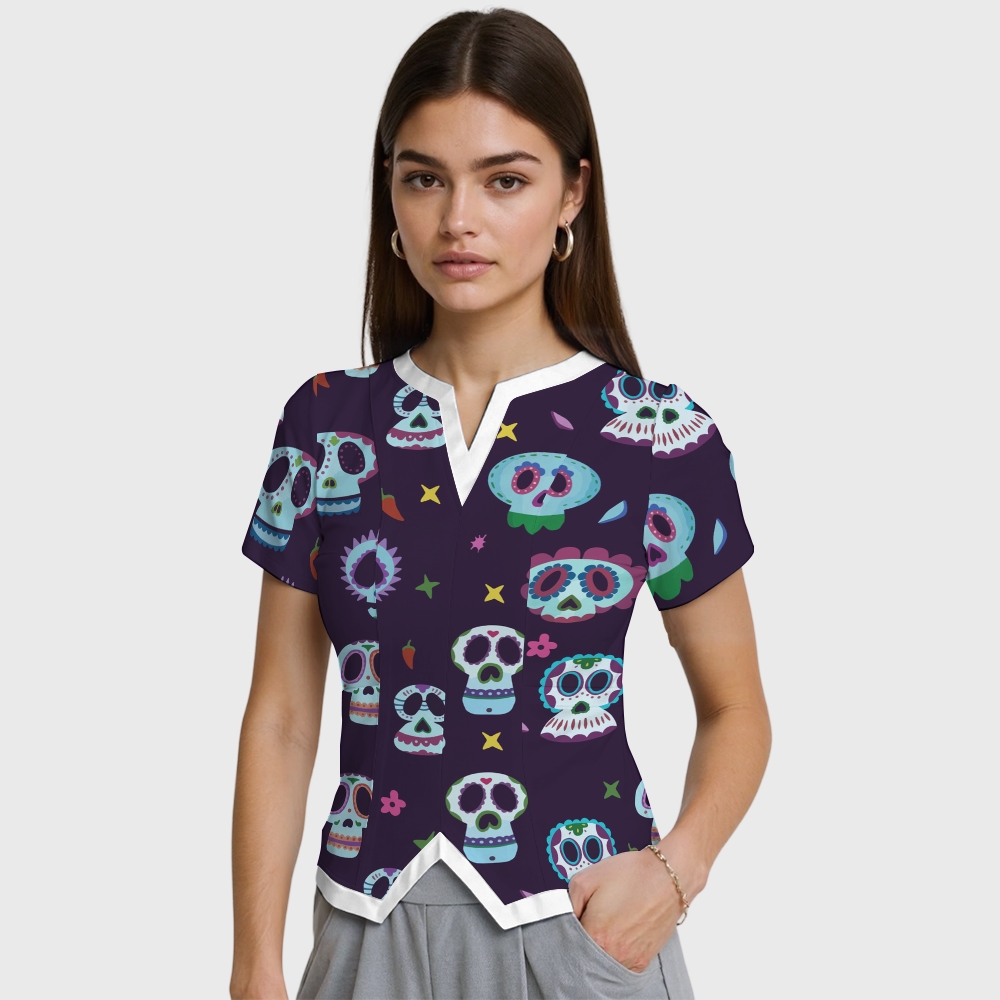 Women's Irregular Neckline Halloween Printed Scrub Top SW92515