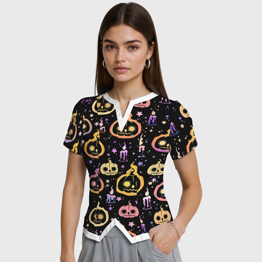 Women's Irregular Neckline Halloween Printed Scrub Top SW92521