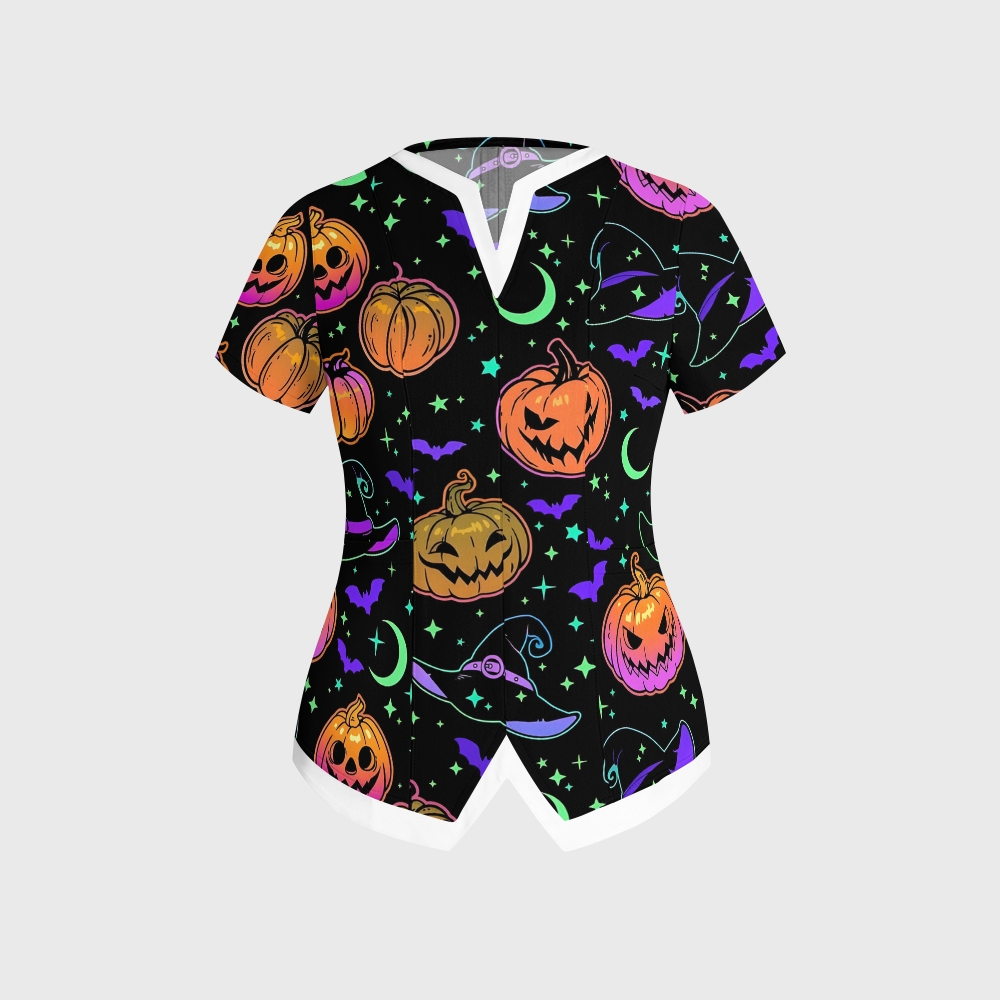 Women's Irregular Neckline Halloween Printed Scrub Top SW92523