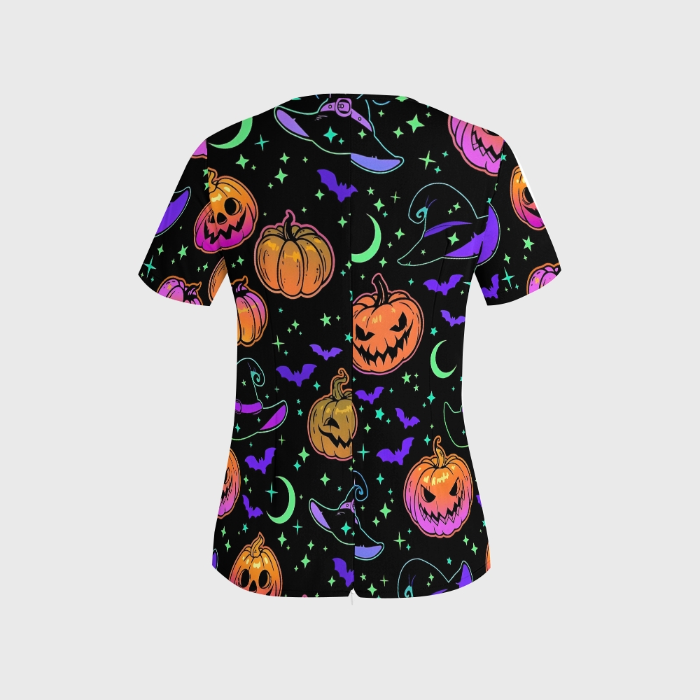 Women's Irregular Neckline Halloween Printed Scrub Top SW92523