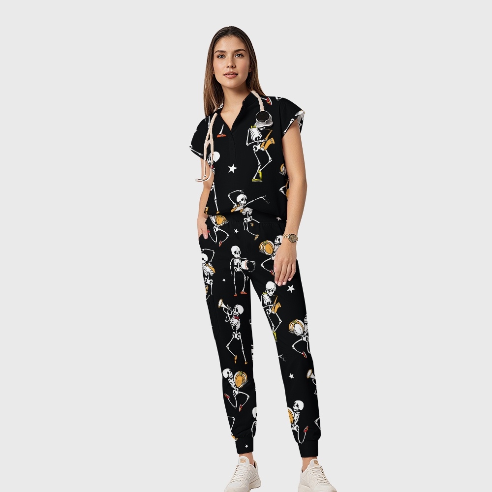 Women's Open Collar Halloween Printed Scrub Set SH9254